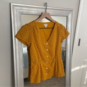 J. Crew Women's Eyelet Peplum Button Down V Neck Yellow Top Blouse Size 0